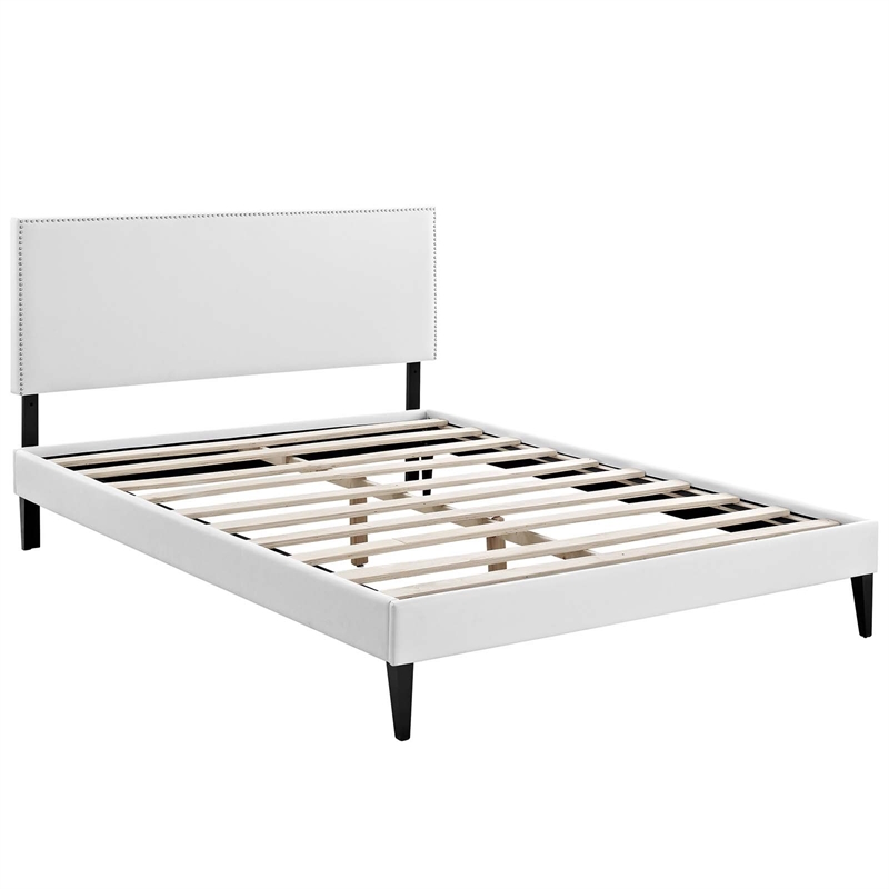 Maklaine Vinyl Full Platform Bed with Squared Tapered Legs in White