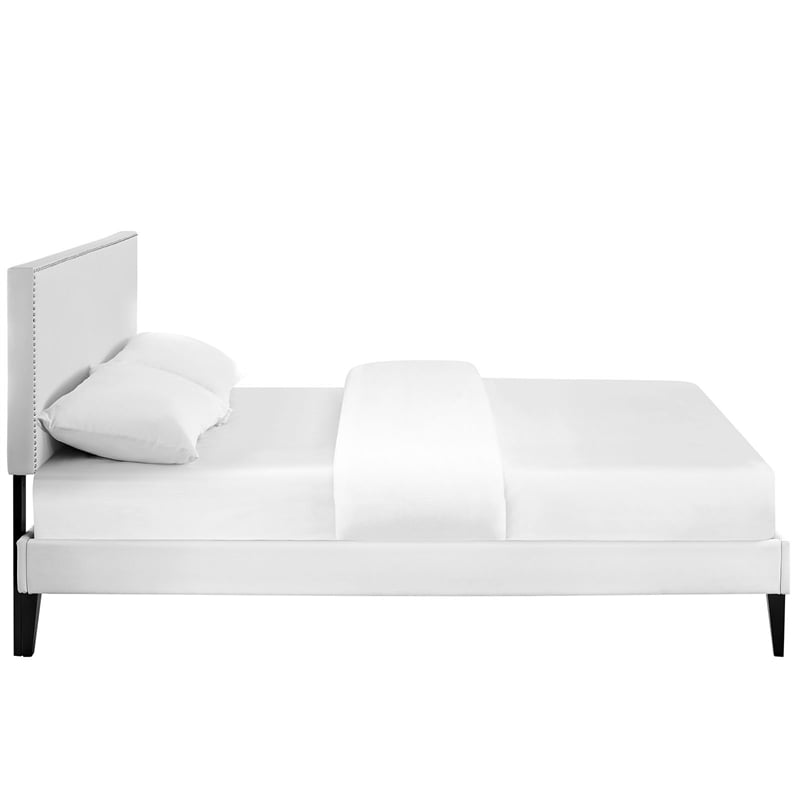 Maklaine Vinyl Full Platform Bed with Squared Tapered Legs in White