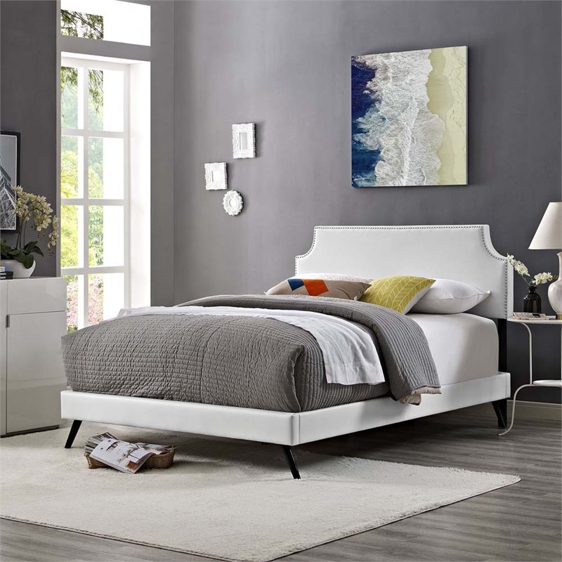 Maklaine Vinyl Upholstered/Wood Frame Queen Platform Bed in White