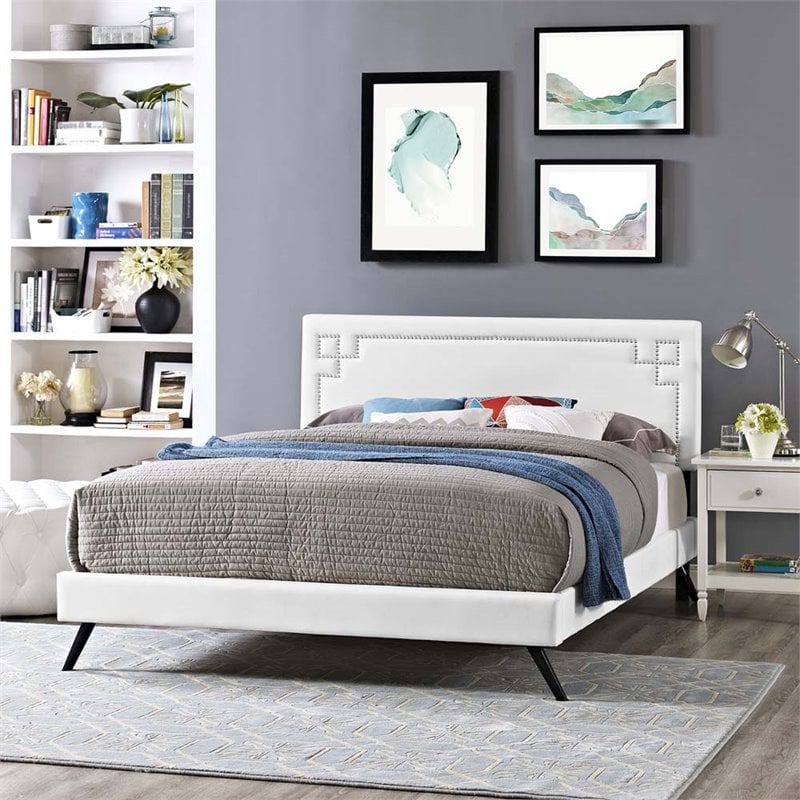 Maklaine Contemporary Vinyl Upholstered Queen Platform Bed in White