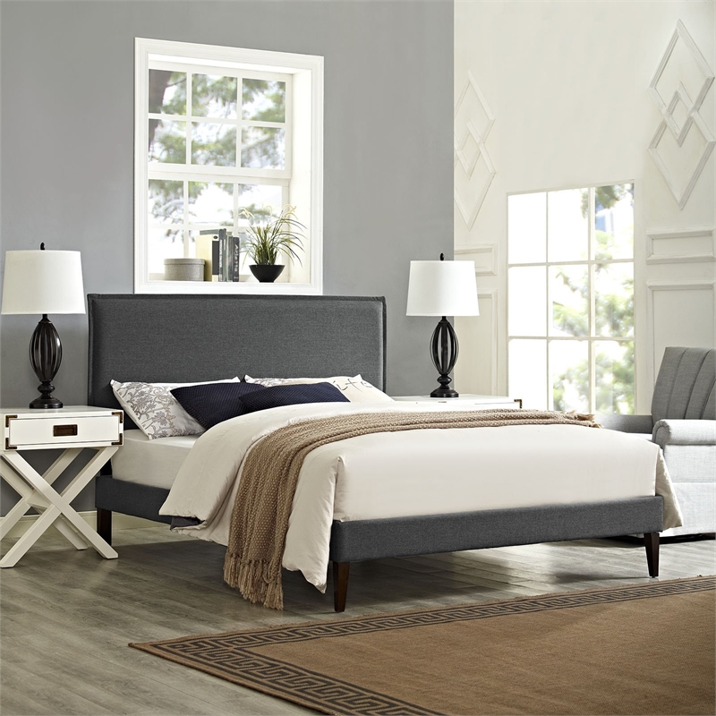 Maklaine Contemporary Fabric Upholstered Full Platform Bed in Gray