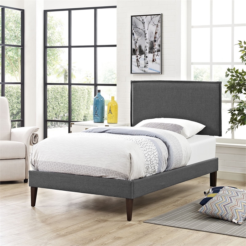 Maklaine Contemporary Fabric Upholstered Twin Platform Bed in Gray
