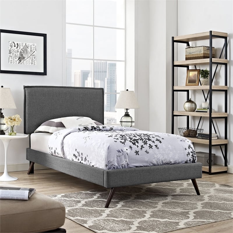 Maklaine Contemporary Polyester Upholstered Twin Platform Bed in Gray