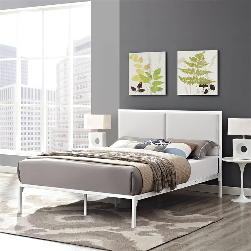 Maklaine Contemporary King Faux Leather Panel Metal Bed in White