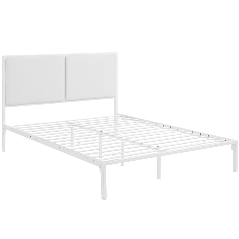 Maklaine Contemporary King Faux Leather Panel Metal Bed in White