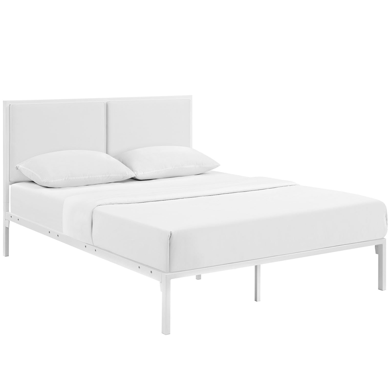 Maklaine Contemporary King Faux Leather Panel Metal Bed in White