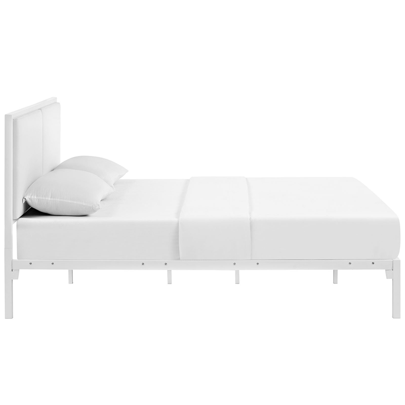 Maklaine Contemporary King Faux Leather Panel Metal Bed in White