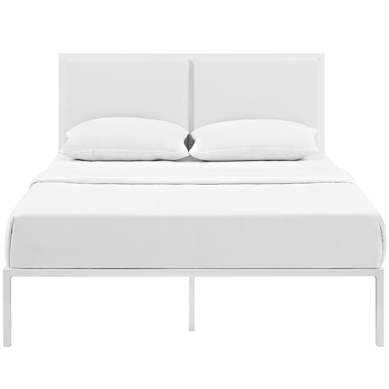 Maklaine Contemporary King Faux Leather Panel Metal Bed in White