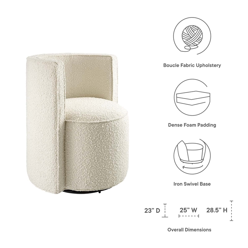 Maklaine Modern Boucle Fabric and Iron Swivel Chair in Ivory
