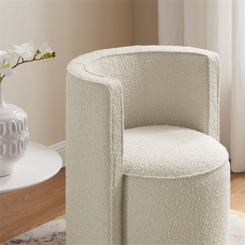 Maklaine Modern Boucle Fabric and Iron Swivel Chair in Ivory