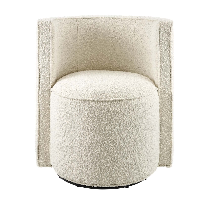 Maklaine Modern Boucle Fabric and Iron Swivel Chair in Ivory