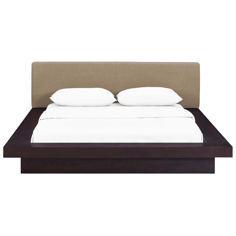 Maklaine Queen Wood Polyester Fabric Platform Bed in Cappuccino/Latte