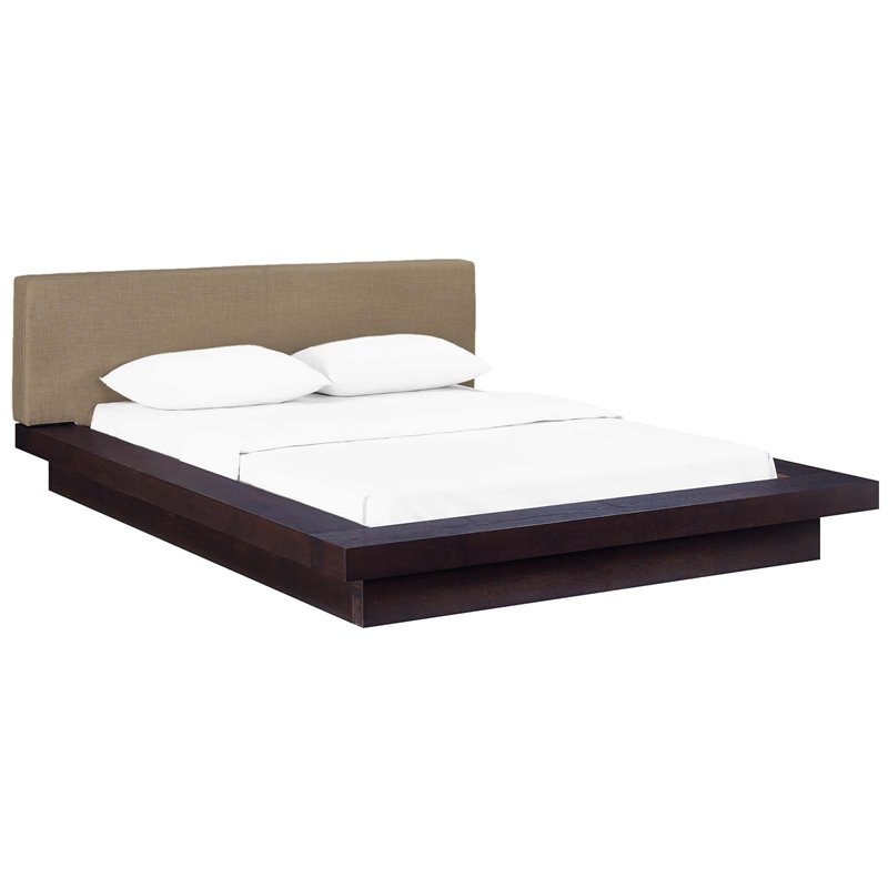 Maklaine Queen Wood Polyester Fabric Platform Bed in Cappuccino/Latte
