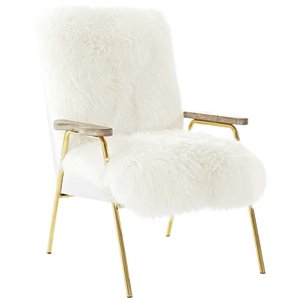 Maklaine Wool Vinyl and Solid Oak Wood Sheepskin Armchair in Brown/White