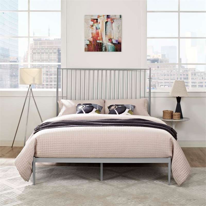 Maklaine Contemporary Farmhouse Metal Queen Platform Bed in Gray