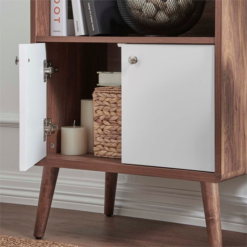Maklaine Particleboard Laminate Display Cabinet Bookshelf in Walnut/White