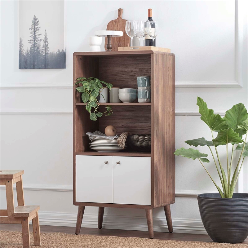Maklaine Particleboard Laminate Display Cabinet Bookshelf in Walnut/White