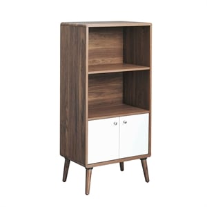 Maklaine Particleboard Laminate Display Cabinet Bookshelf in Walnut/White