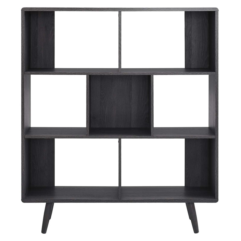 Maklaine 7-Shelf Wood Bookcase with Splayed Dowel Legs in Charcoal