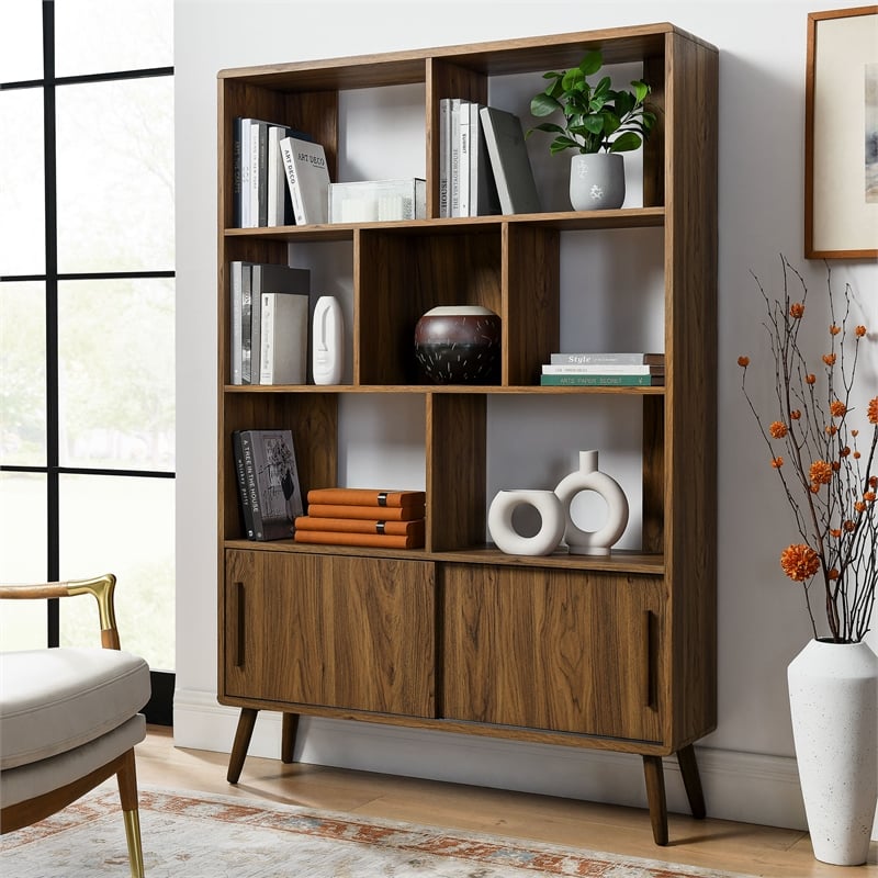 Maklaine Modern / Contemporary Bookcase with Sliding Doors in Walnut