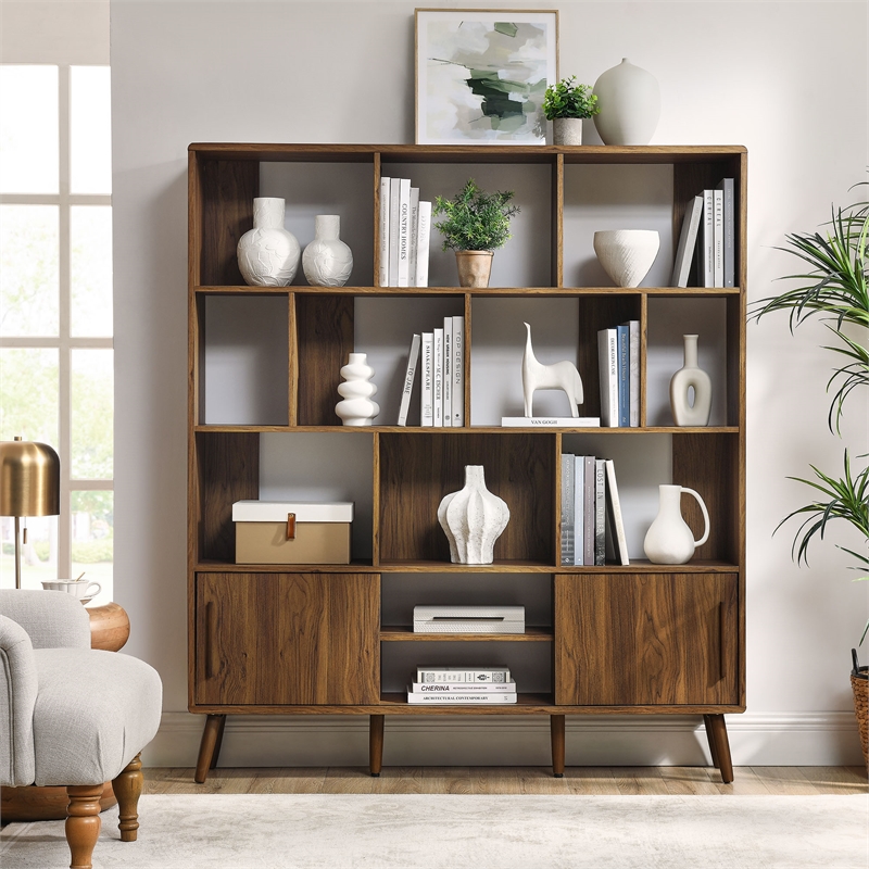 Maklaine Modern / Contemporary Bookcase with Sliding Doors in Walnut