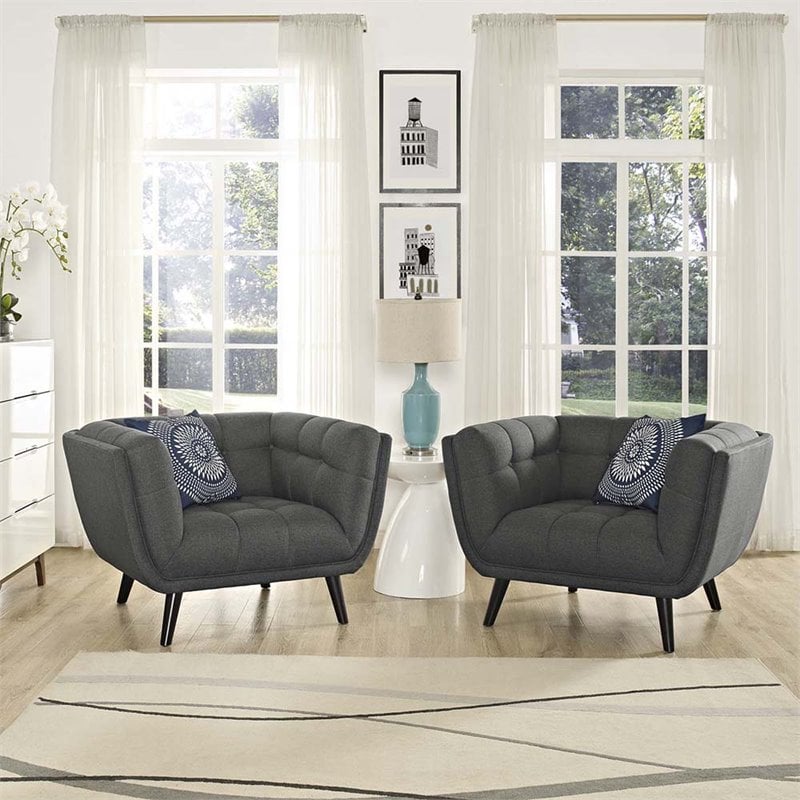 Maklaine Tufted Fabric Upholstered Armchair in Gray & Black (Set of 2)
