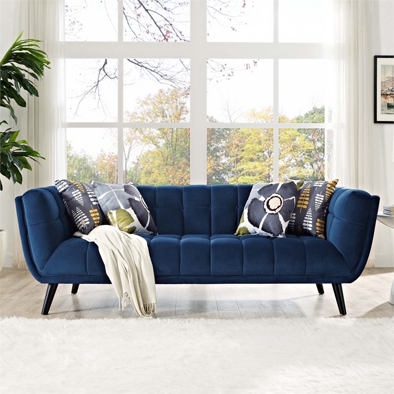 Maklaine Contemporary Performance Velvet Sofa in Navy Finish