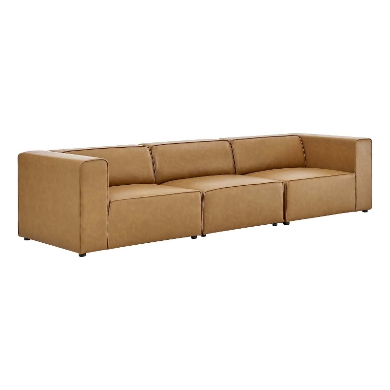 Maklaine Contemporary 3-Piece Faux Leather Sectional Sofa in Tan