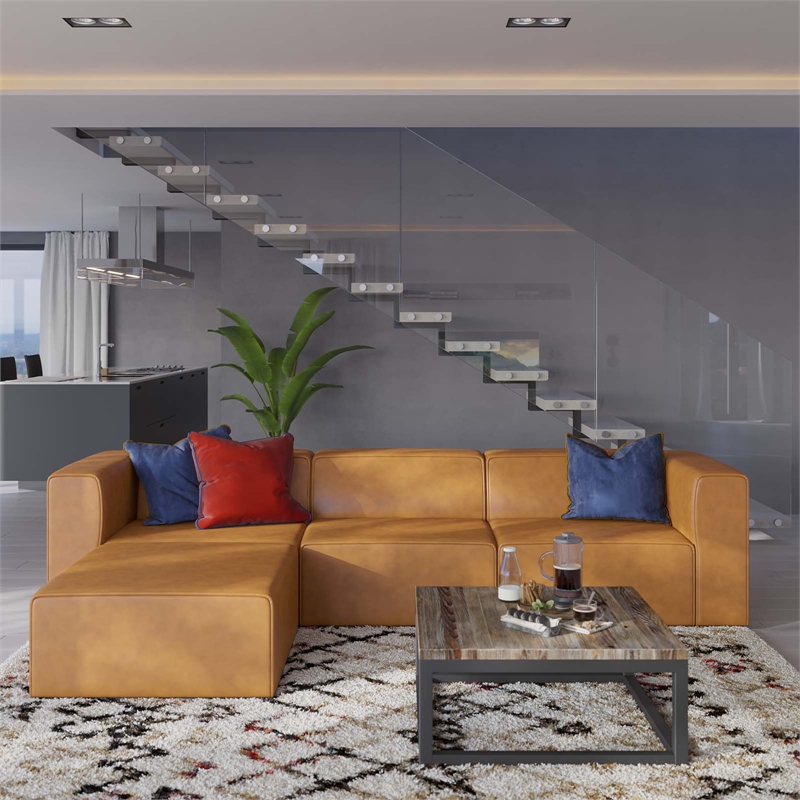 Maklaine Contemporary Faux Leather Sofa and Ottoman Set in Tan