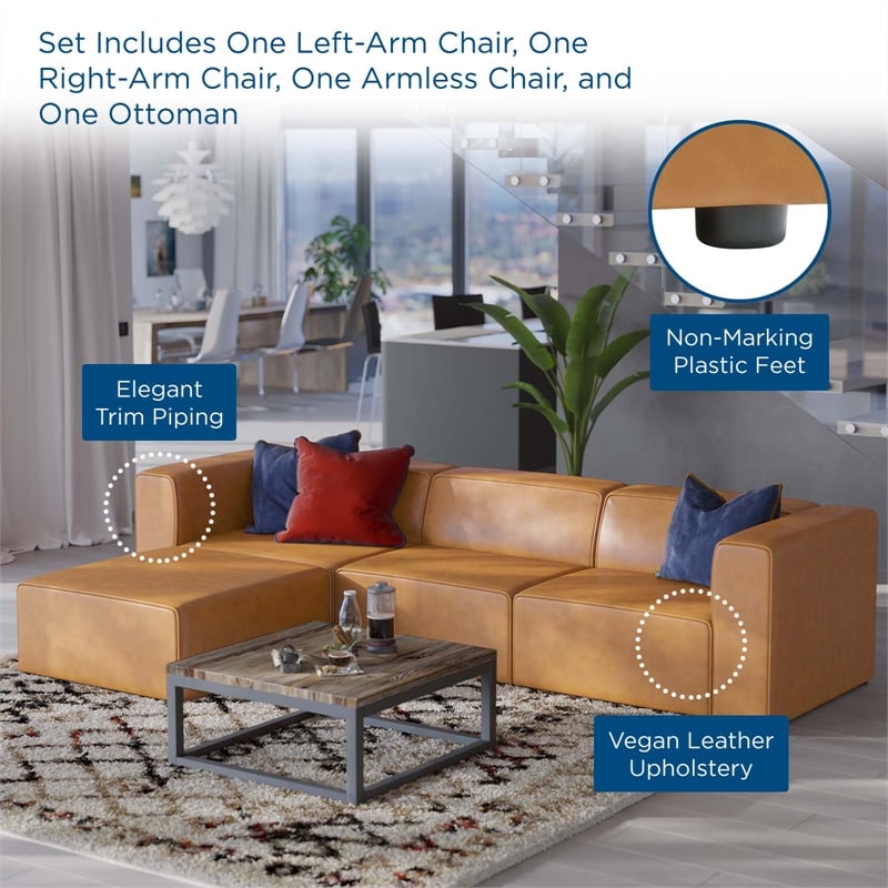 Maklaine Contemporary Faux Leather Sofa and Ottoman Set in Tan