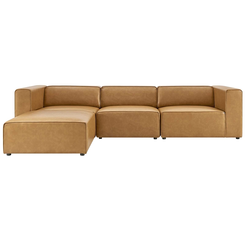 Maklaine Contemporary Faux Leather Sofa and Ottoman Set in Tan