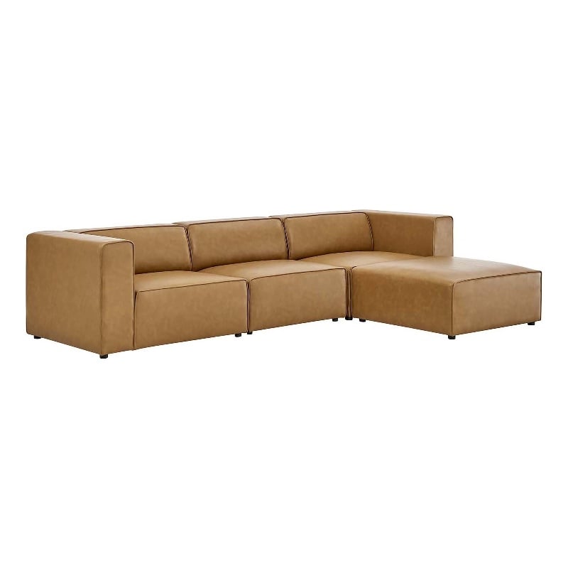 Maklaine Contemporary Faux Leather Sofa and Ottoman Set in Tan