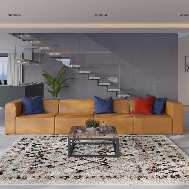 Maklaine Contemporary 4-Piece Faux Leather Sectional Sofa in Tan