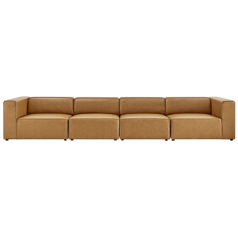 Maklaine Contemporary 4-Piece Faux Leather Sectional Sofa in Tan