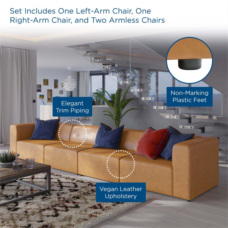 Maklaine Contemporary 4-Piece Faux Leather Sectional Sofa in Tan