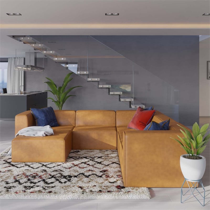 Maklaine Contemporary Faux Leather Sectional Sofa Set Set in Tan