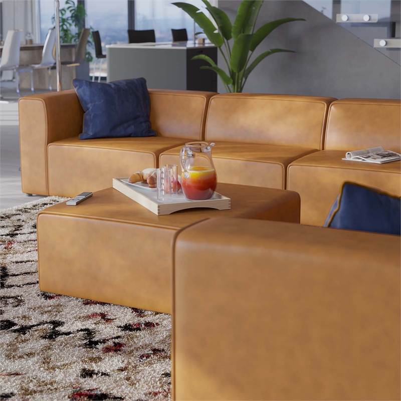 Maklaine Modern Faux Leather Sectional Sofa Set with Ottoman in Tan