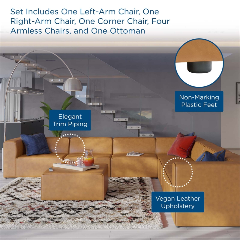 Maklaine Modern Faux Leather Sectional Sofa Set with Ottoman in Tan