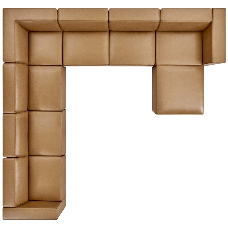 Maklaine Modern Faux Leather Sectional Sofa Set with Ottoman in Tan