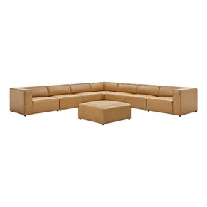 Maklaine Modern Faux Leather Sectional Sofa Set with Ottoman in Tan