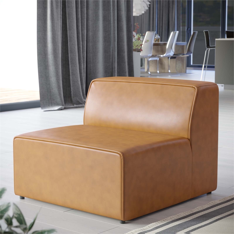 Maklaine Contemporary Faux Leather Armless Chair in Tan Finish