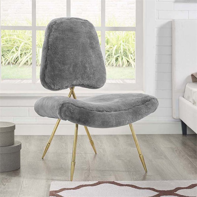 Maklaine Sheepskin Fur & Stainless Steel Lounge Chair in Gray and Gold