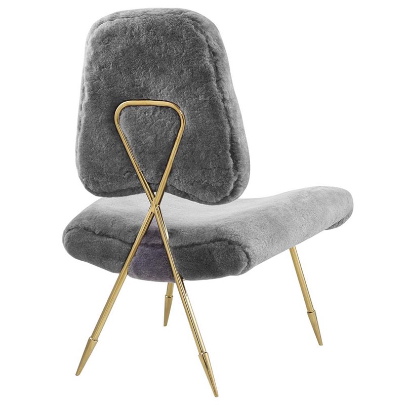 Maklaine Sheepskin Fur & Stainless Steel Lounge Chair in Gray and Gold