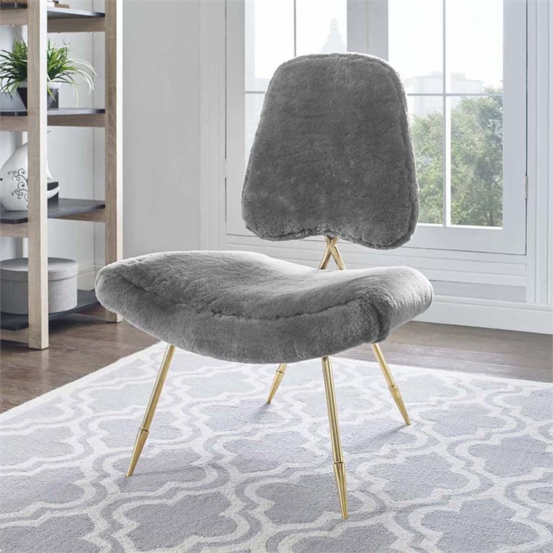 Maklaine Sheepskin Fur & Stainless Steel Lounge Chair in Gray and Gold