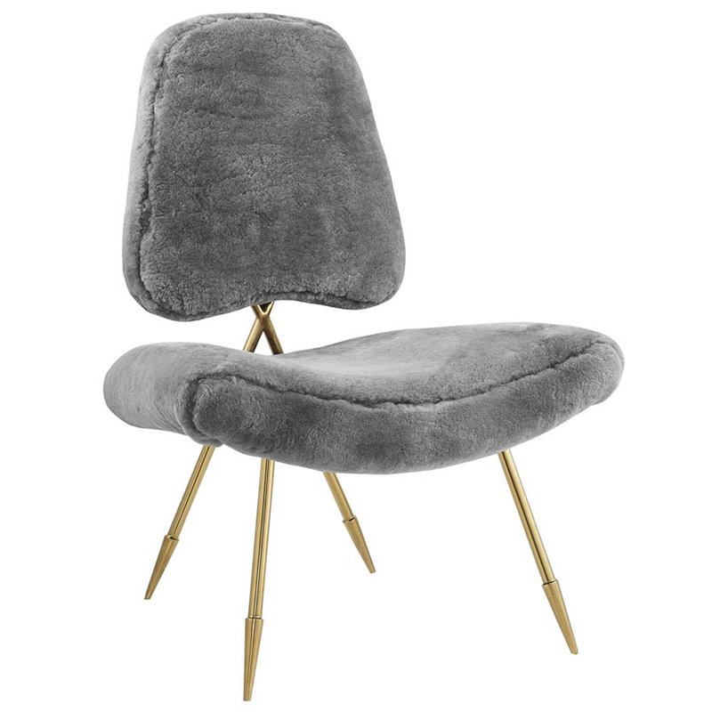Maklaine Sheepskin Fur & Stainless Steel Lounge Chair in Gray and Gold