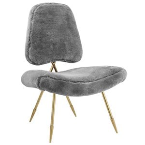 Maklaine Sheepskin Fur & Stainless Steel Lounge Chair in Gray and Gold
