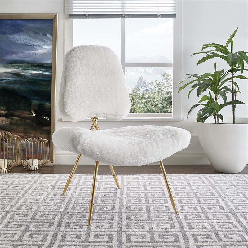 Maklaine Sheepskin Fur & Stainless Steel Lounge Chair in White and Gold