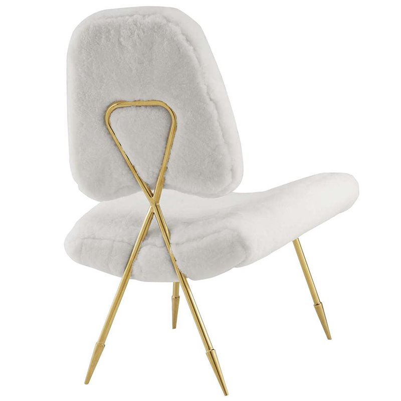Maklaine Sheepskin Fur & Stainless Steel Lounge Chair in White and Gold