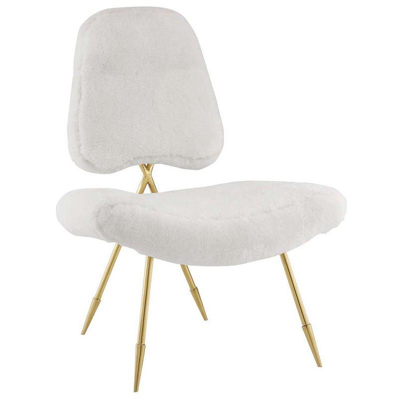 Maklaine Sheepskin Fur & Stainless Steel Lounge Chair in White and Gold
