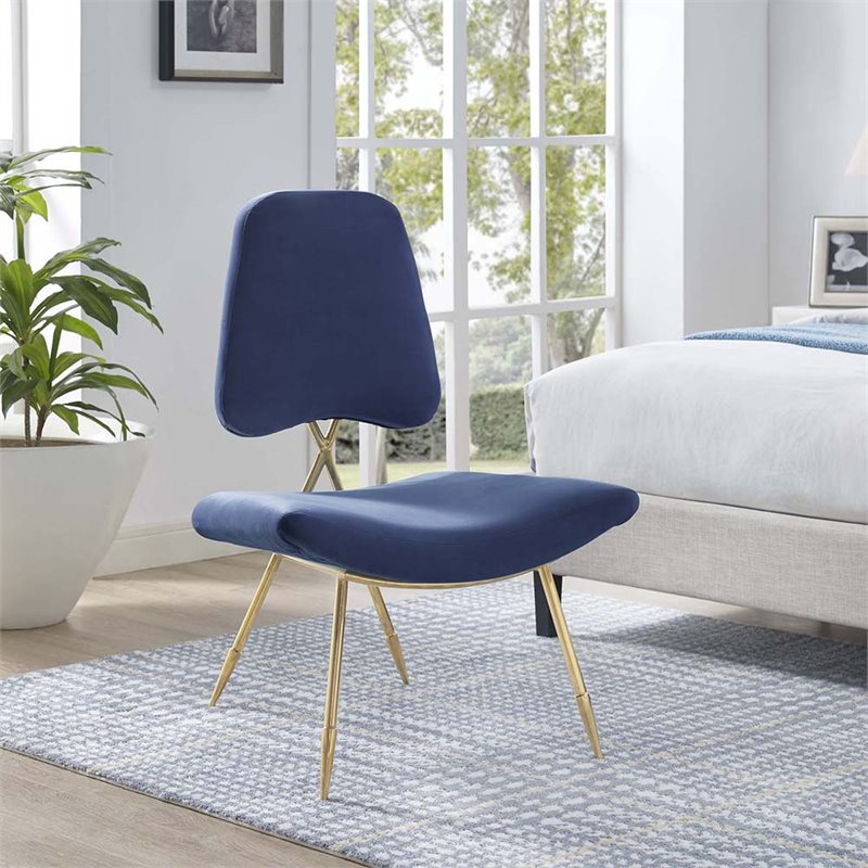 Maklaine Modern / Contemporary Velvet Accent Chair in Navy and Gold
